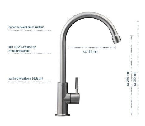 Designer-Hahn Edelstahl, mit M22- Gewinde inkl. Anschlussmaterial - für MAKI